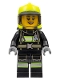 Minifig No: cty1357  Name: Fire - Female, Black Jacket and Legs with Reflective Stripes, Neon Yellow Fire Helmet, Trans-Brown Visor