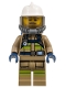 Minifig No: cty1359  Name: Fire - Reflective Stripes, Dark Tan Suit, White Fire Helmet, Open Mouth with Beard, Breathing Neck Gear with Blue Air Tanks