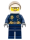 Minifig No: cty1363  Name: Police - City Motorcyclist Female, Leather Jacket with Gold Badge and Utility Belt, White Helmet, Trans-Brown Visor, Glasses, and Open Mouth Smile
