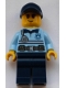 Minifig No: cty1373  Name: Police - City Officer Bright Light Blue Shirt with Silver Stripe, Badge, and Radio, Dark Blue Legs, Dark Blue Cap, Smirk