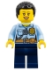 Minifig No: cty1381  Name: Police - City Officer Female, Bright Light Blue Shirt with Badge and Radio, Dark Blue Legs, Short Black Curly Hair