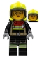 Minifig No: cty1399  Name: Fire - Female, Black Jacket and Legs with Reflective Stripes and Red Collar, Neon Yellow Fire Helmet, Trans-Brown Visor, Dark Bluish Gray Splotches