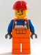 Minifig No: cty1403  Name: Construction Worker - Male, Orange Overalls with Reflective Stripe and Buckles over Blue Shirt, Orange Legs, Red Construction Helmet