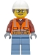 Minifig No: cty1405  Name: Construction Worker - Female, Orange Safety Vest, Reflective Stripes, Reddish Brown Shirt, Sand Blue Legs, White Construction Helmet with Dark Brown Hair, Glasses