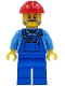 Minifig No: cty1406  Name: Mechanic - Male, Blue Overalls over Medium Blue Shirt, Blue Legs, Red Construction Helmet, Beard, Back Print
