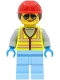 Minifig No: cty1425  Name: Space Engineer - Female, Neon Yellow Safety Vest, Bright Light Blue Legs, Red Construction Helmet with Dark Brown Hair