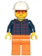 Minifig No: cty1435  Name: Construction Worker - Male, Dark Blue Plaid Button Shirt, Orange Legs, White Construction Helmet, Orange Safety Glasses