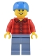 Minifig No: cty1451  Name: Electric Scooter Rider - Red Flannel Shirt, Sand Blue Legs, Light Bluish Gray Eyebrows, Dark Azure Helmet