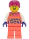 Minifig No: cty1470  Name: Cyclist - Male, Coral Race Suit, Magenta Helmet