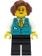 Minifig No: cty1472  Name: Conductress - Dark Turquoise Vest, Black Legs, Reddish Brown Hair