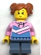 Minifig No: cty1481  Name: Child - Girl, Bright Pink Hoodie with Medium Blue and White Diagonal Stripes, Sand Blue Short Legs, Dark Orange Hair with Pigtails, Freckles