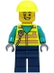 Minifig No: cty1490  Name: Utility Truck Driver - Male, Neon Yellow Safety Vest with Radio, Dark Blue Legs, Neon Yellow Construction Helmet, Hearing Aid