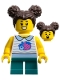 Minifig No: cty1520  Name: Child - Girl, White Collared Shirt with Fruit, Dark Turquoise Short Legs, Dark Brown Hair with Buns