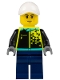 Minifig No: cty1524  Name: Sports Car Driver - Male, White Cap, Neon Yellow Jacket, Dark Blue Legs