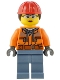 Minifig No: cty1554  Name: Construction Worker - Female, Orange Safety Jacket, Reflective Stripe, Sand Blue Hoodie, Sand Blue Legs, Red Construction Helmet with Dark Brown Ponytail Hair