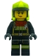 Minifig No: cty1555  Name: Fire - Female, Black Jacket and Legs with Reflective Stripes and Red Collar, Neon Yellow Fire Helmet, Right Raised Eyebrow, Medium Nougat Lips, Smirk