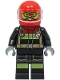 Minifig No: cty1567  Name: Fire - Male, Black Jacket and Legs with Reflective Stripes and Red Collar, Red Helmet, Trans-Clear Visor