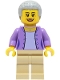 Minifig No: cty1568  Name: Woman - Medium Lavender Jacket over Lavender Shirt, Tan Legs, Light Bluish Gray Hair