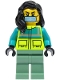 Minifig No: cty1569  Name: Ambulance Driver - Female, Dark Turquoise and Neon Yellow Safety Vest, Sand Green Legs, Black Hair, Surgical Mask