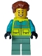 Minifig No: cty1572  Name: Paramedic - Male, Dark Turquoise and Neon Yellow Safety Vest, Sand Green Legs, Reddish Brown Hair, Open Mouth Smile