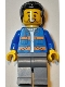 Minifig No: cty1574  Name: Lawn Mower Operator - Male, Blue Jacket with Diagonal Lower Pockets and Orange Stripes, Dark Bluish Gray Legs, Black Coiled Hair, Stubble