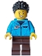 Minifig No: cty1583  Name: Cozy House Resident - Male, Dark Azure Jacket with Classic Space Logo, Dark Brown Legs, Black Short Coiled Hair