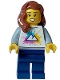 Minifig No: cty1584  Name: Cozy House Resident - Female, White Shirt with Mountains Logo, Dark Blue Legs, Reddish Brown Hair