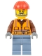 Minifig No: cty1602  Name: Airport Worker - Male, Orange Safety Vest, Reflective Stripes, Reddish Brown Shirt, Sand Blue Legs, Red Construction Helmet, Dark Bluish Gray Beard