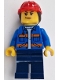 Minifig No: cty1605  Name: Construction Worker - Female, Blue Jacket with Diagonal Lower Pockets and Orange Stripes, Dark Blue Legs, Red Construction Helmet with Dark Brown Ponytail Hair