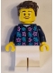 Minifig No: cty1621  Name: Apartment Building Resident - Male, Dark Blue Jacket with Flowers and Leaves, White Legs, Dark Brown Hair, Moustache