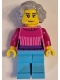 Minifig No: cty1622  Name: Apartment Building Resident - Female, Dark Pink Sweater, Medium Azure Legs, Light Bluish Gray Wavy Hair