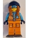 Minifig No: cty1629  Name: Arctic Explorer - Female, Orange Jacket, Dark Orange Braids with Dark Blue Beanie, Medium Azure Goggles, Dark Bluish Gray Snowshoes