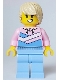 Minifig No: cty1642  Name: Tuk Tuk Driver - Female, Bright Pink Hoodie with Medium Blue and White Diagonal Stripes, Bright Light Blue Legs, Tan Tousled Hair