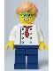 Minifig No: cty1646  Name: Pizza Chef - Female, White Torso with 8 Buttons, Dark Blue Legs, Nougat Hair, Glasses