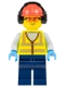 Minifig No: cty1674  Name: Airport Worker - Male, Neon Yellow Safety Vest, Dark Blue Legs, Red Construction Helmet with Black Ear Protectors / Headphones, Safety Glasses