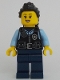 Minifig No: cty1703  Name: Police - City Officer Female, Black Safety Vest with Silver Star Badge Logo, Dark Blue Legs, Black Hair Long with Braided Ponytail