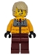 Minifig No: cty1721  Name: Snowboarder - Male, Bright Light Orange Jacket, Dark Red Legs, Tan Tousled Hair, Scuff Mark