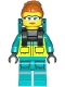 Minifig No: cty1723  Name: Paramedic - Female, Dark Turquoise and Neon Yellow Safety Vest, Legs with Silver Reflective Stripes, Dark Orange High Bun, Backpack