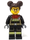 Minifig No: cty1732  Name: Fire - Female, Black Jacket and Legs with Reflective Stripes and Red Collar, Dark Brown Hair with Buns