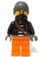 Minifig No: cty1737  Name: Police - City Bandit Crook Male, Black Jacket, Orange Legs, Dark Bluish Gray Beanie, Black Bandana