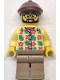 Minifig No: cty1772  Name: Bus Passenger - Male, Bright Light Yellow Shirt with Flowers and Leaves, Dark Tan Legs, Reddish Brown Flat Cap
