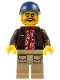 Lego part: City Jungle Pilot - Male, Dark Brown Jacket over Red Hawaiian Shirt, Dark Tan Legs with Pockets, Dark Blue Cap, Beard