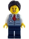 Lego part: Tram Driver - Female, Sand Blue Vest, Dark Blue Legs, Black Hair