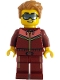 Lego part: Tram Passenger - Male, Dark Red and Coral Jogging Suit, Medium Nougat Hair, Sunglasses