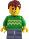 Lego part: Child - Boy, Bright Green Sweater with Bright Light Yellow Zigzag Lines, Sand Blue Short Legs, Reddish Brown Hair