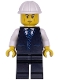 Minifig No: cty1788  Name: Construction Engineer / Architect - Male, Black Vest with Blue Striped Tie, Black Legs, White Construction Helmet, Lopsided Grin