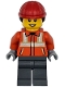 Minifig No: cty1789  Name: Construction Worker - Female, Reddish Orange Safety Jacket with Reflective Stripes, Dark Bluish Gray Legs, Red Construction Helmet with Dark Brown Ponytail Hair, Hearing Aid