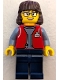 Lego part: Forklift Driver - Female, Red Vest over Sand Blue Shirt, Dark Blue Legs, Dark Brown Hair