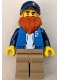 Lego part: LEGO Truck Driver - Male, Blue Jacket over White Shirt, Dark Tan Legs, Dark Blue Cap, Dark Orange Beard