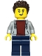 Lego part: Sports Car Driver - Female, Light Bluish Gray Hoodie with Dark Red Shirt, Dark Blue Legs, Dark Brown Hair